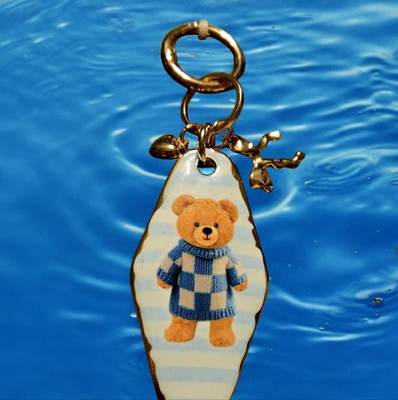 NEW Piper K Blue and Gold Teddy Bear Bag Charm Keychain NWT - Picture 2 of 3